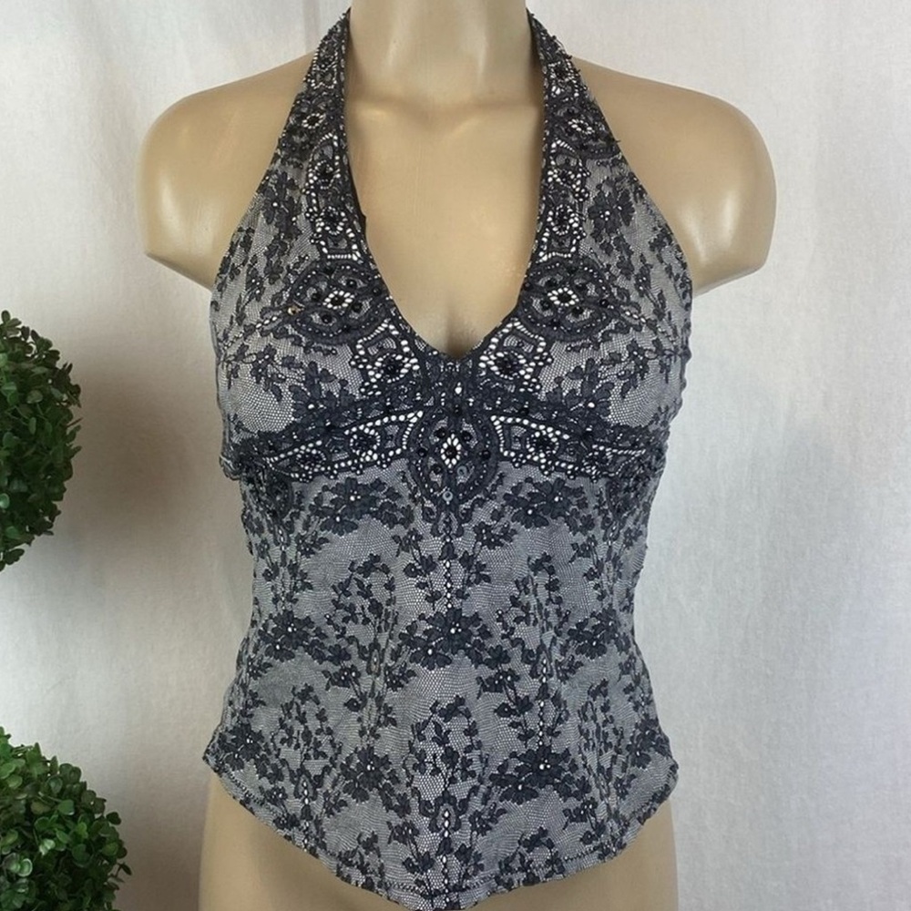 Jantzen Gray & Black Floral Rhinestone Embellished One Piece Swim Suit Size 8